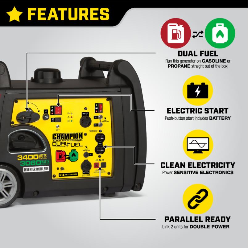 Champion 3400-Watt Dual Fuel RV Ready Portable Inverter Generator with Electric Start Pack of 1 