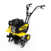 a yellow snow thrower on a white background.