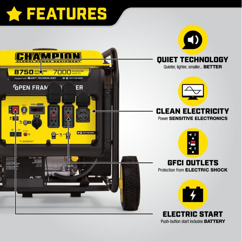 Champion 8,750W/7,000W Open Frame Inverter Generator with Electric Start  and Wheel Kit