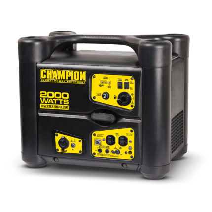 a black and yellow portable generator on a white background.