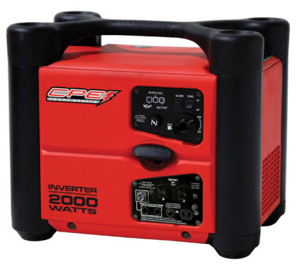 a red and black portable generator on a white background.
