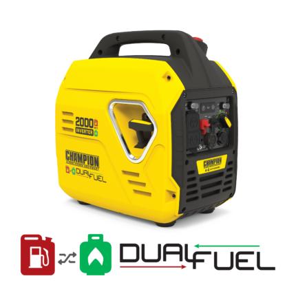 a yellow and black portable generator on a white background.