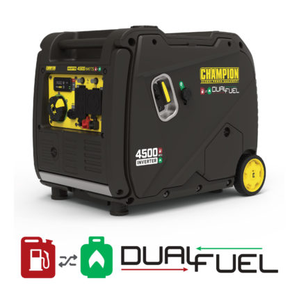a black and yellow portable generator on a white background.