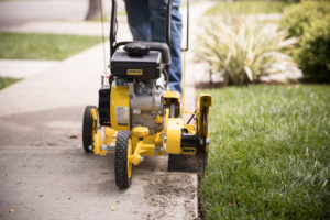 a man standing next to a yellow lawn mower.