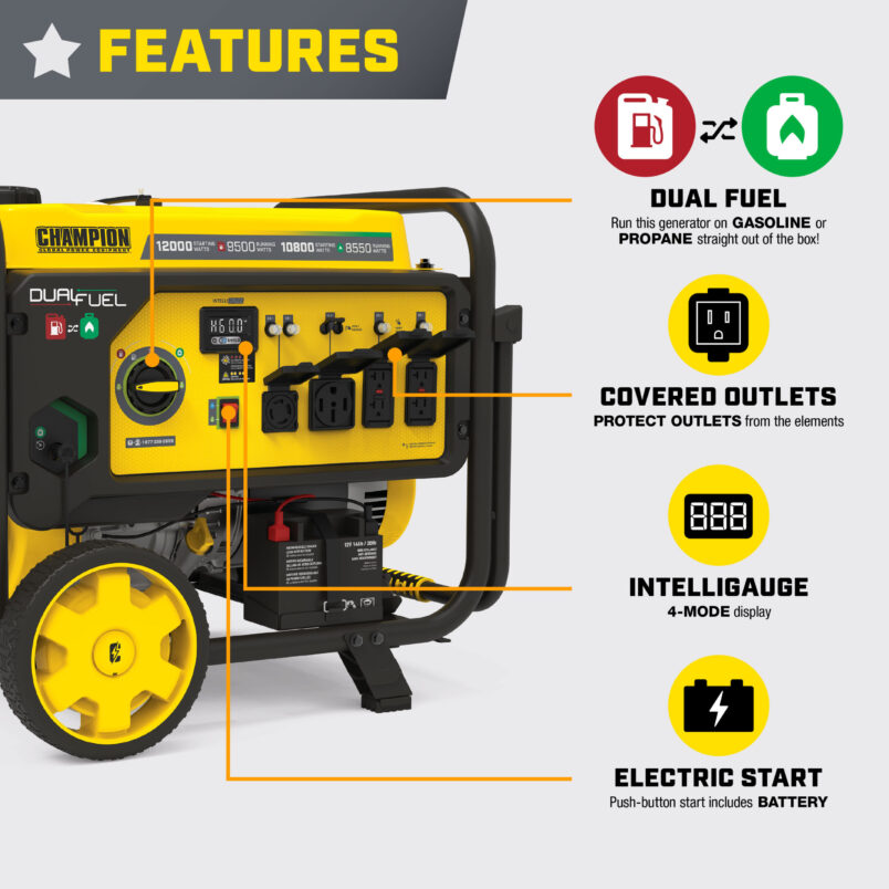 Champion Power Equipment CO Shield 9500-Watt Dual Fuel (Gasoline/Propane)  Portable Generator in the Portable Generators department at